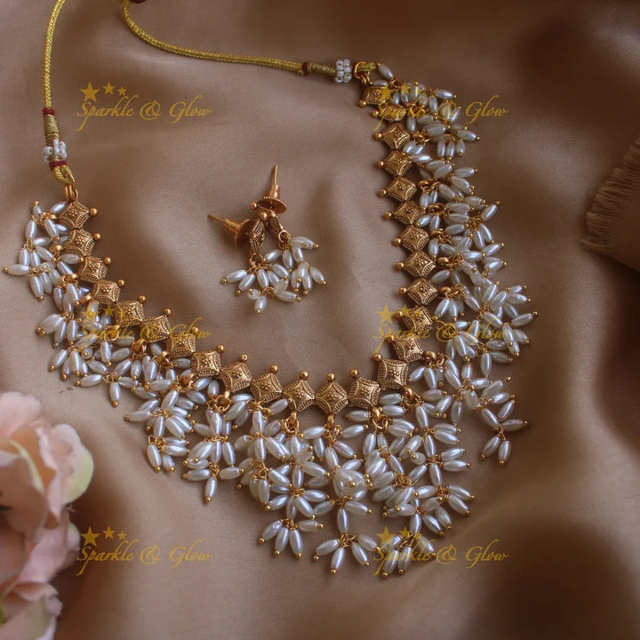 Stunning Gutta pusalu short necklace with rice pearls - Sparkle and Glow