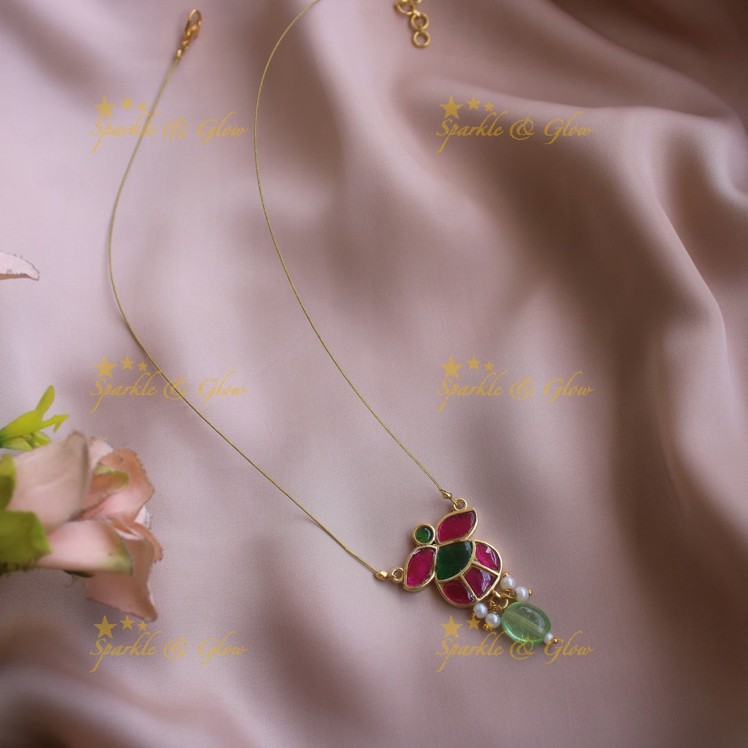 Beautiful Leaflet design kundan pendant short necklace with pearls and mint green bead with invisible chain