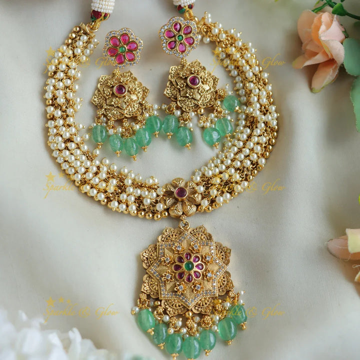 Beautiful Floral Pendant Cluster pearl short necklace with mint green beads - Sparkle and Glow