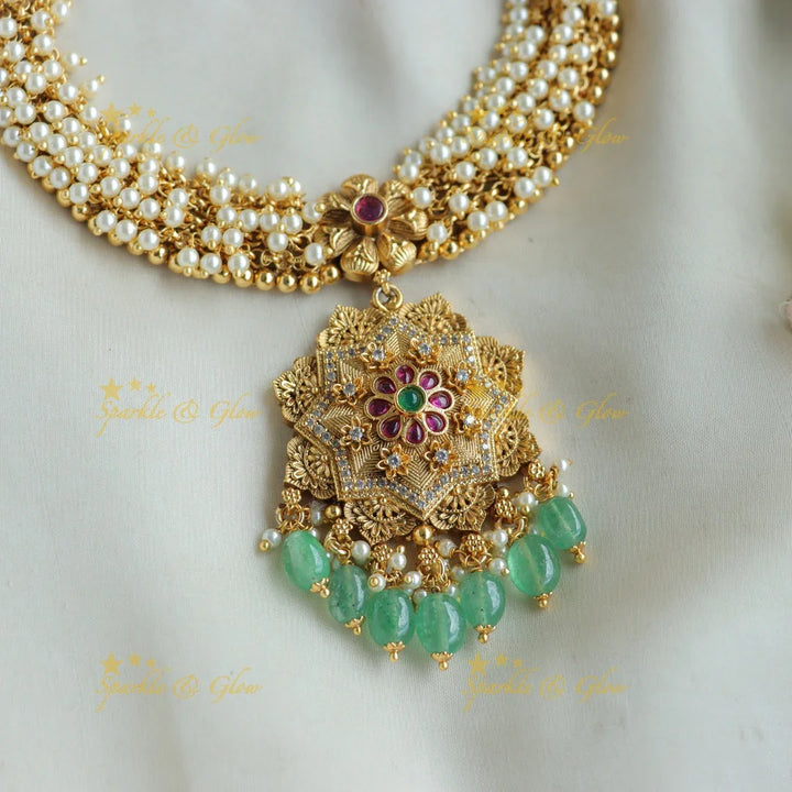 Beautiful Floral Pendant Cluster pearl short necklace with mint green beads - Sparkle and Glow