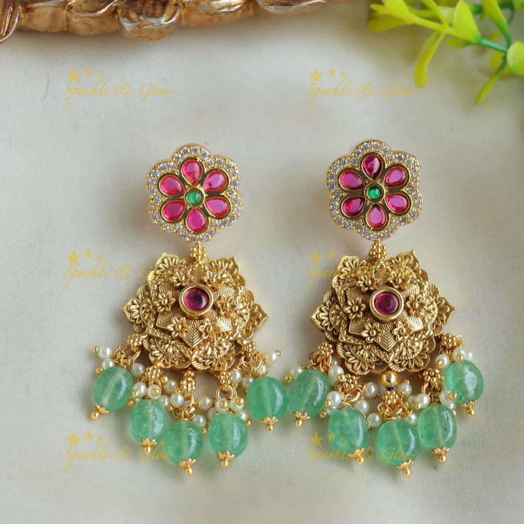 Beautiful Floral Pendant Cluster pearl short necklace with mint green beads - Sparkle and Glow