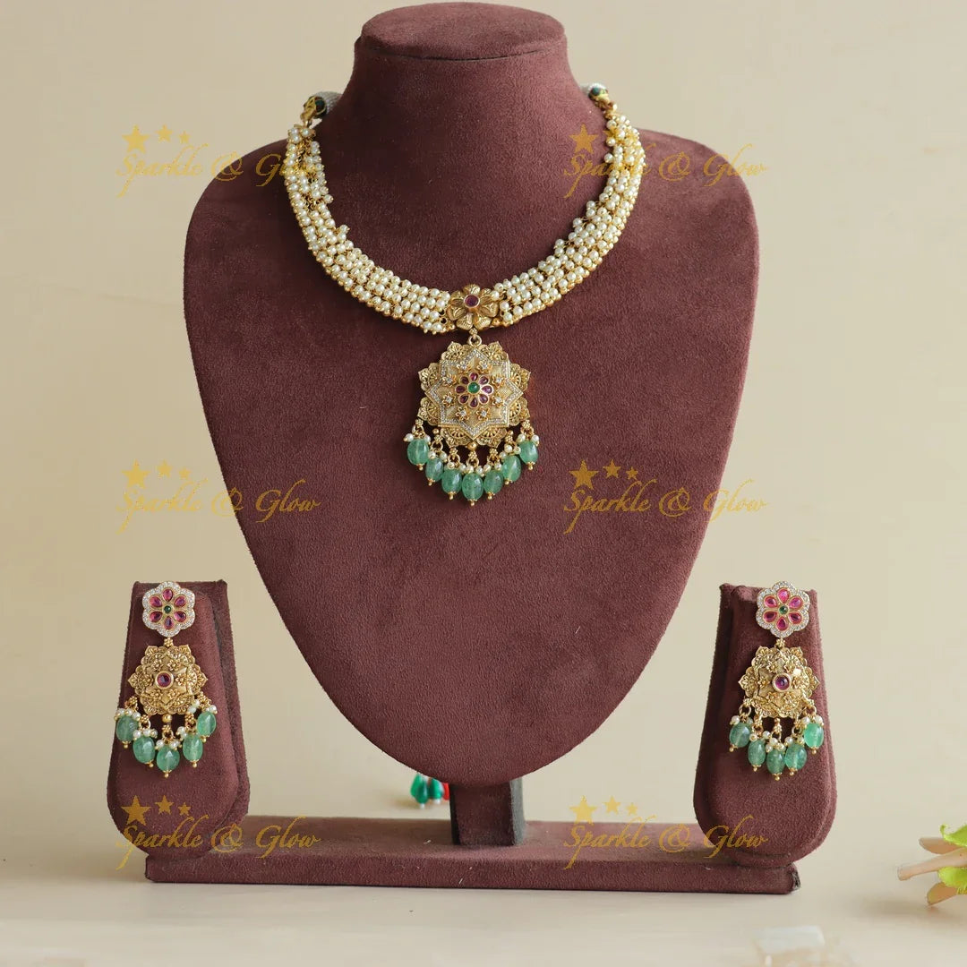 Beautiful Floral Pendant Cluster pearl short necklace with mint green beads - Sparkle and Glow