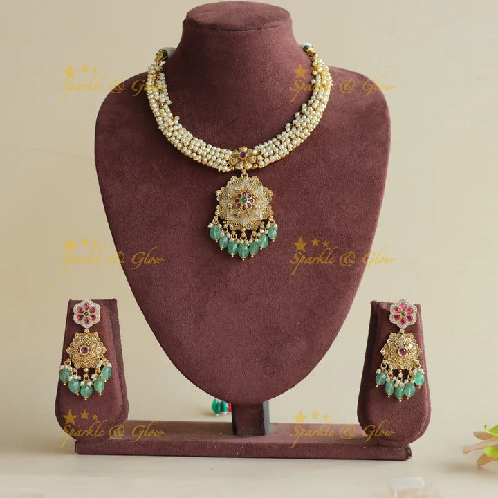 Beautiful Floral Pendant Cluster pearl short necklace with mint green beads - Sparkle and Glow