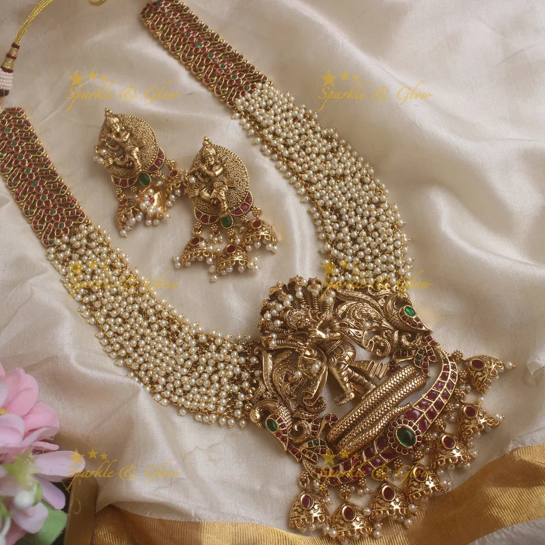 Grand Krishna Playing flute Pendant Haram with gold beads - Sparkle and Glow