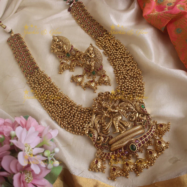 Grand Krishna Playing flute Pendant Haram with gold beads - Sparkle and Glow