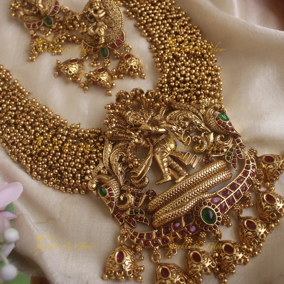 Grand Krishna Playing flute Pendant Haram with gold beads - Sparkle and Glow