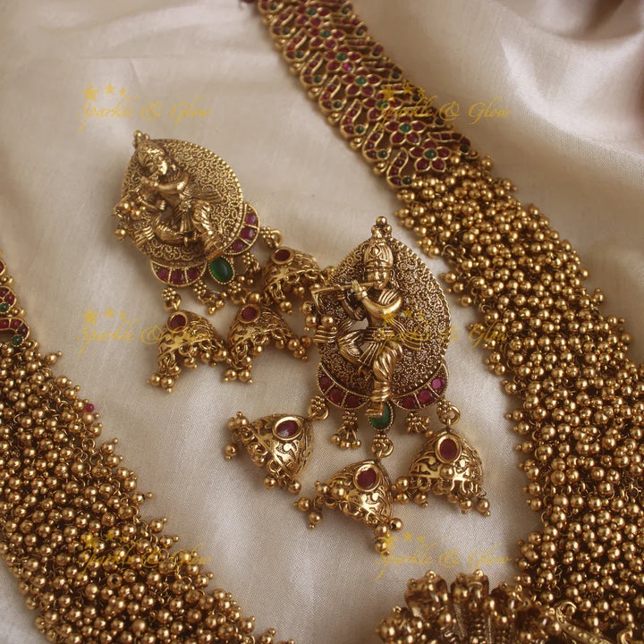 Grand Krishna Playing flute Pendant Haram with gold beads - Sparkle and Glow