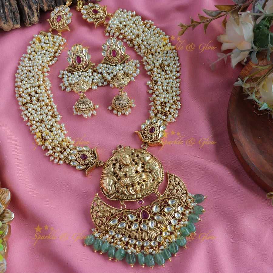 Gorgeous Lakshmi elephant carved cluster pearl long necklace with stones and mint green beads - Sparkle and Glow