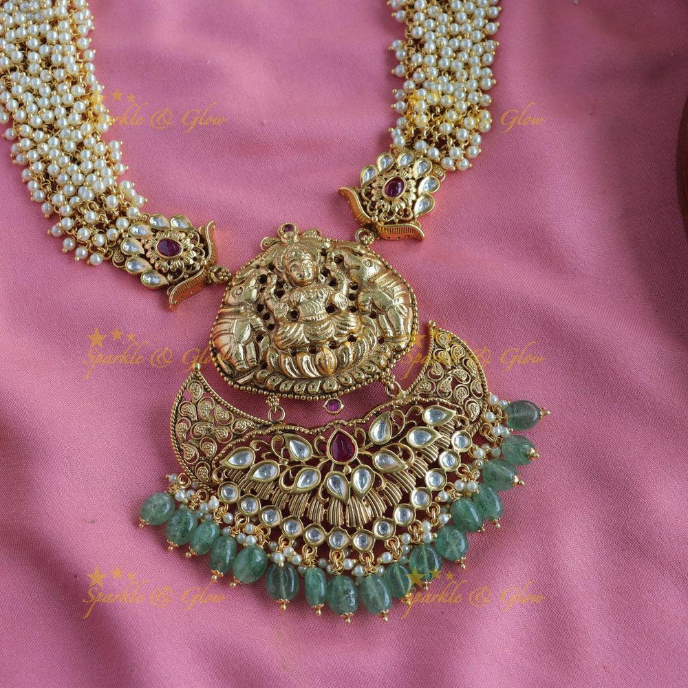 Gorgeous Lakshmi elephant carved cluster pearl long necklace with stones and mint green beads - Sparkle and Glow