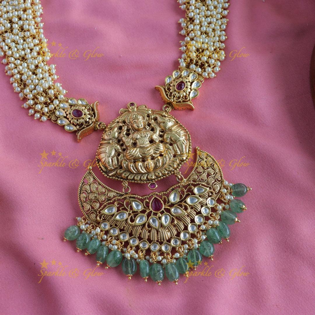 Gorgeous Lakshmi elephant carved cluster pearl long necklace with stones and mint green beads - Sparkle and Glow