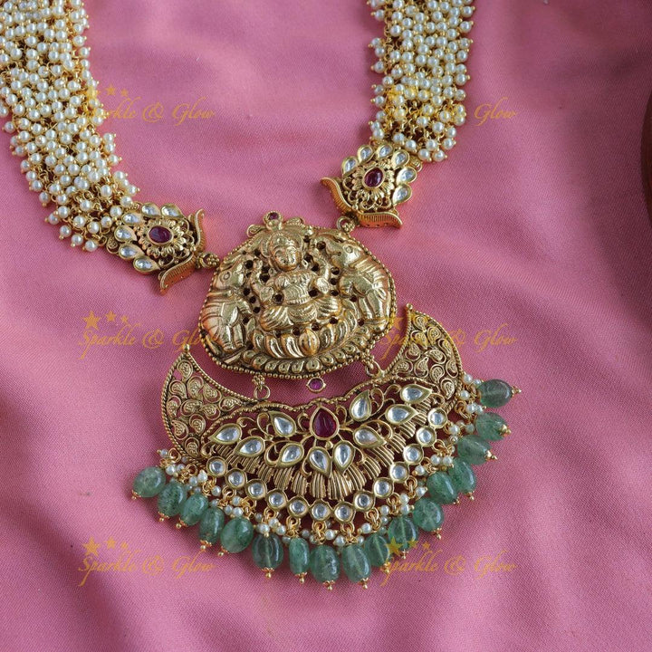 Gorgeous Lakshmi elephant carved cluster pearl long necklace with stones and mint green beads - Sparkle and Glow