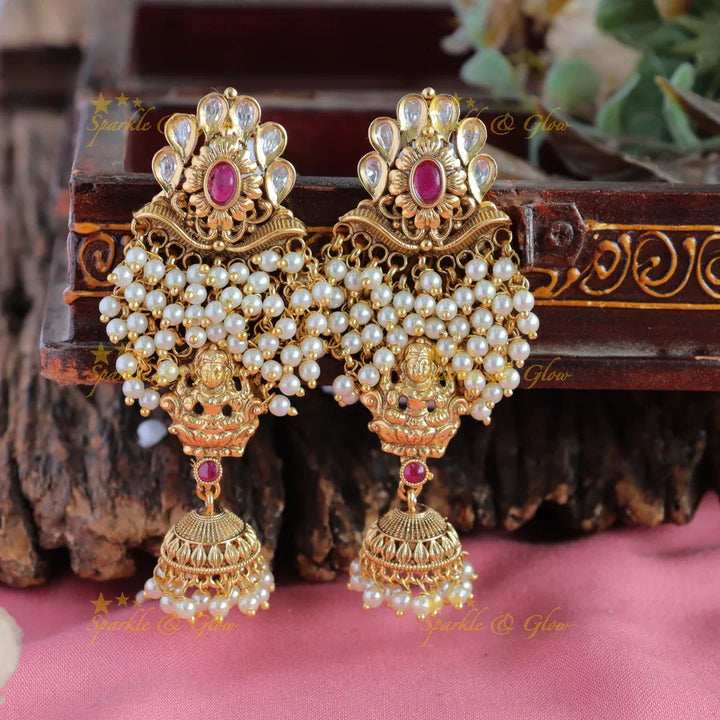 Gorgeous Lakshmi elephant carved cluster pearl long necklace with stones and mint green beads - Sparkle and Glow