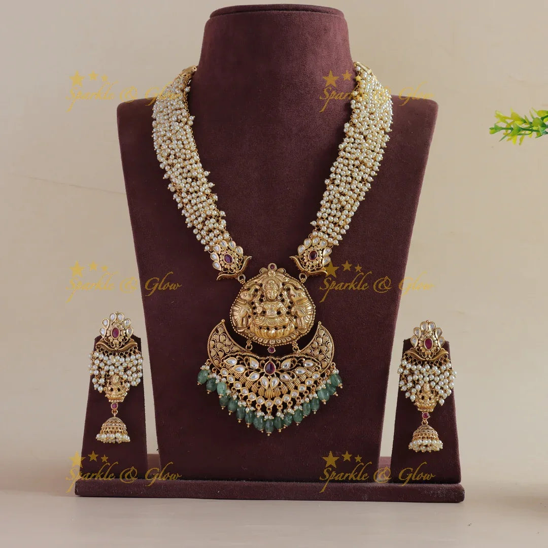 Gorgeous Lakshmi elephant carved cluster pearl long necklace with stones and mint green beads - Sparkle and Glow