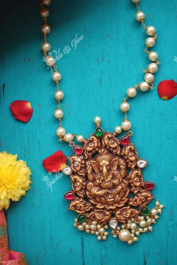 92.5 silver look alike geru gold polished pendent with pearl chain - Sparkle and Glow