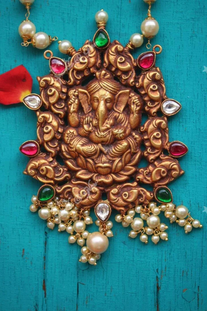 92.5 silver look alike geru gold polished pendent with pearl chain - Sparkle and Glow