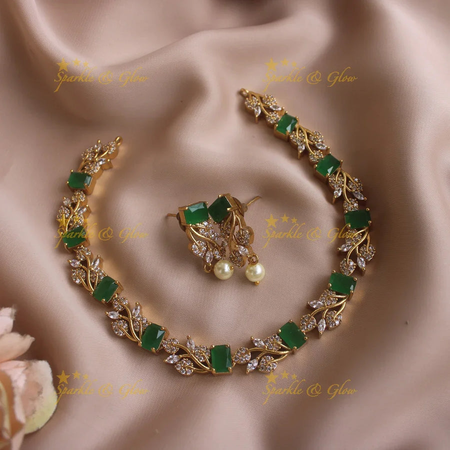 Beautiful Leaf shape green palakka kerala style long necklace with ruby stones and gold beads - Sparkle and Glow