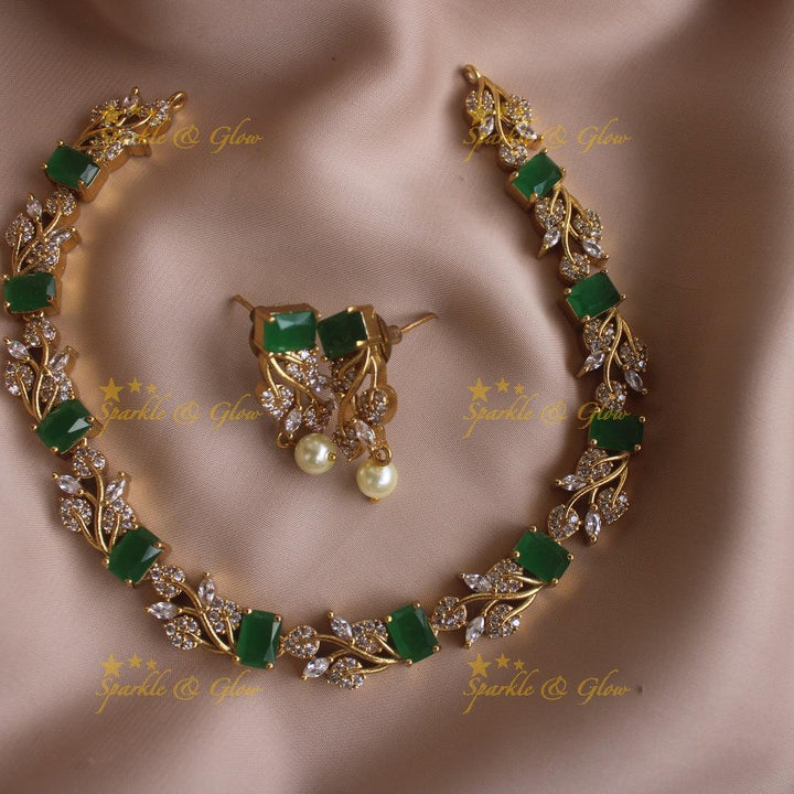 Beautiful Leaf shape green palakka kerala style long necklace with ruby stones and gold beads - Sparkle and Glow