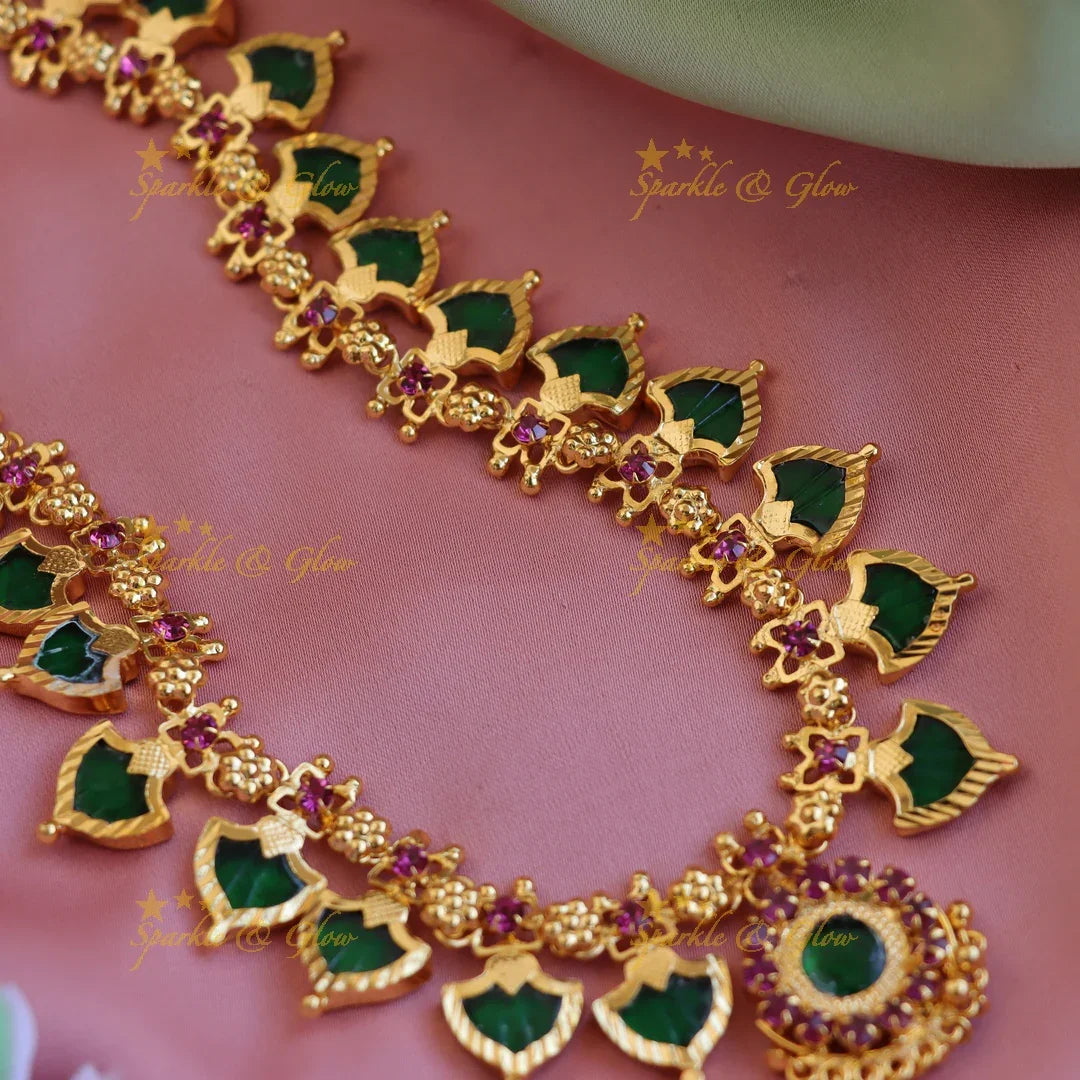 Beautiful Leaf shape green palakka kerala style long necklace with ruby stones and gold beads - Sparkle and Glow