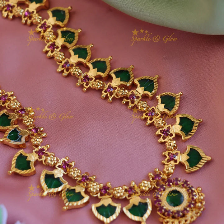 Beautiful Leaf shape green palakka kerala style long necklace with ruby stones and gold beads - Sparkle and Glow