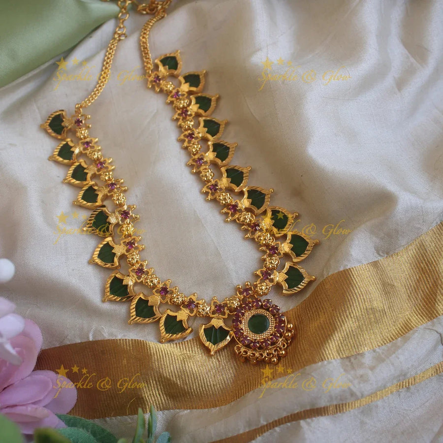 Stunning Leaf shape green palakka kerala style short necklace with ruby stones and gold beads - Sparkle and Glow