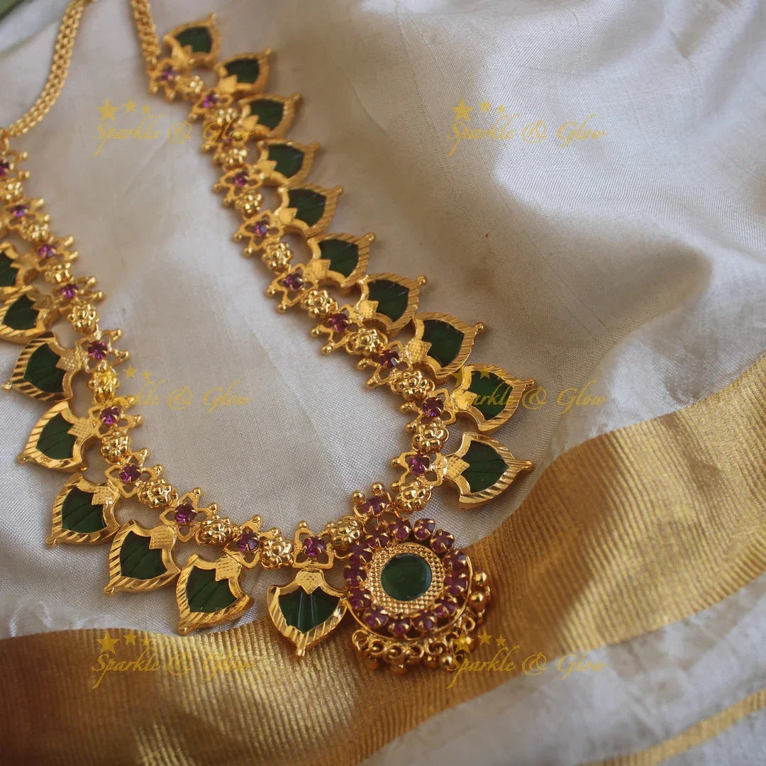 Stunning Leaf shape green palakka kerala style short necklace with ruby stones and gold beads - Sparkle and Glow