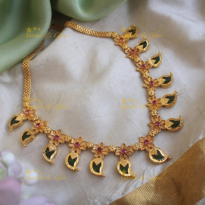 Statement mango green palakka kerala style short necklace with ruby stones and gold beads - Sparkle and Glow