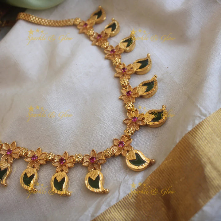 Statement mango green palakka kerala style short necklace with ruby stones and gold beads - Sparkle and Glow