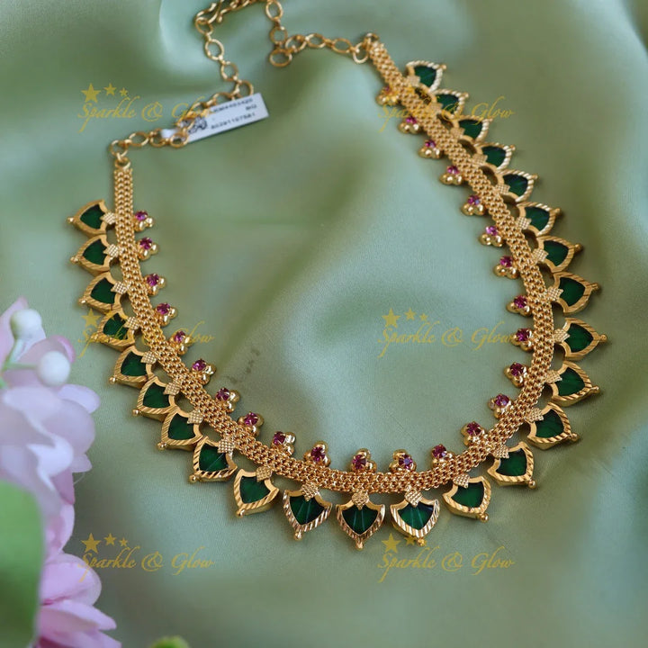 Grand Leaf shape green palakka kerala style short necklace with ruby stones - Sparkle and Glow