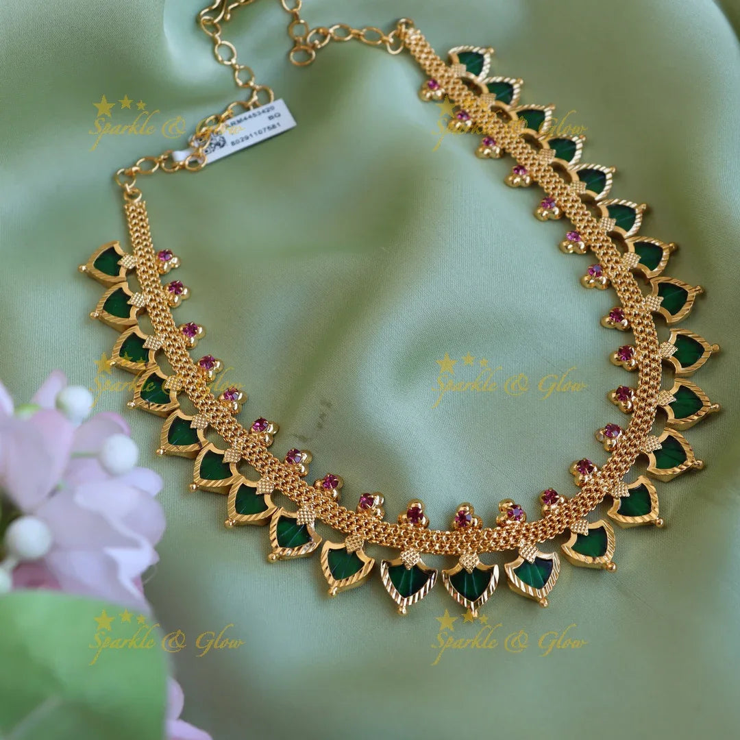 Grand Leaf shape green palakka kerala style short necklace with ruby stones - Sparkle and Glow