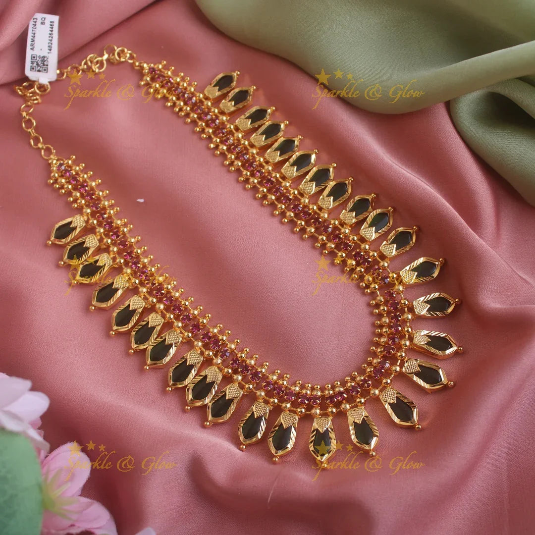 Beautiful spike green palakka kerala style long necklace with ruby stones and gold beads - Sparkle and Glow