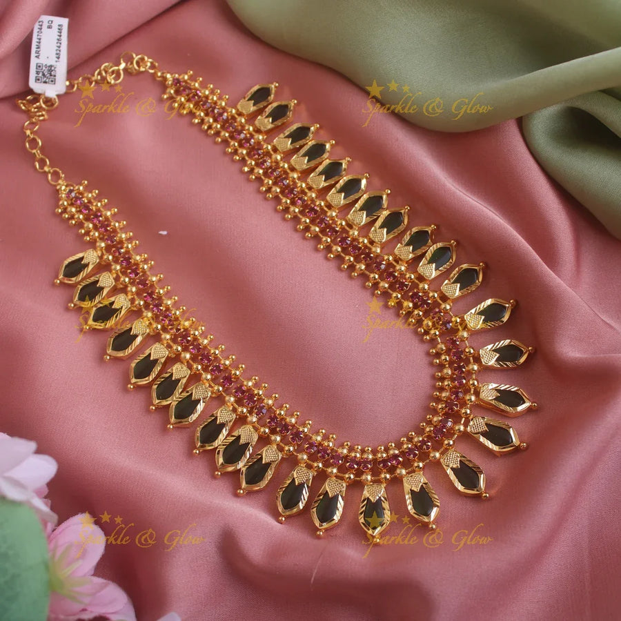 Beautiful spike green palakka kerala style long necklace with ruby stones and gold beads - Sparkle and Glow