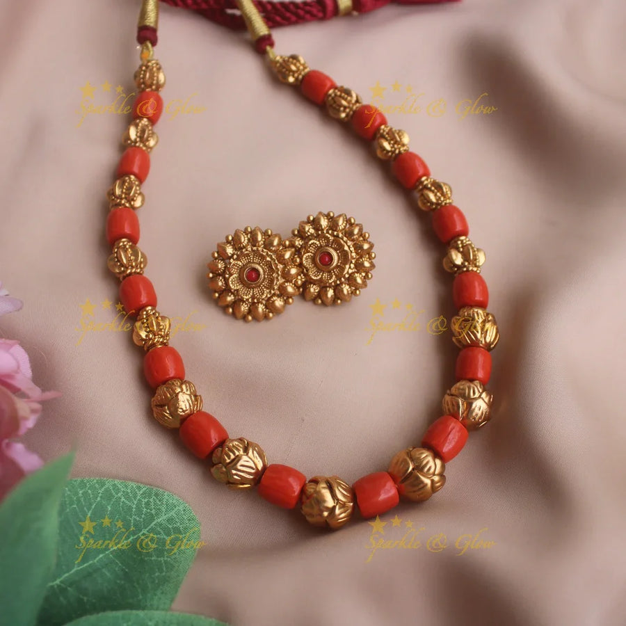 Elegant Floral gold ball beaded coral short necklace with floral stud - Sparkle and Glow