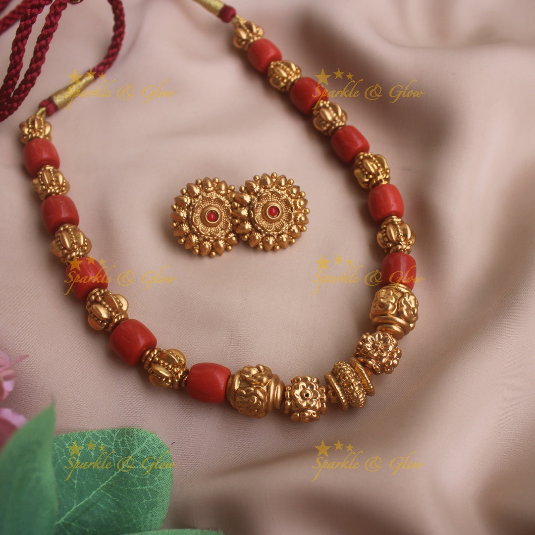 Beautiful Coral Flower design short necklace with Floral stud