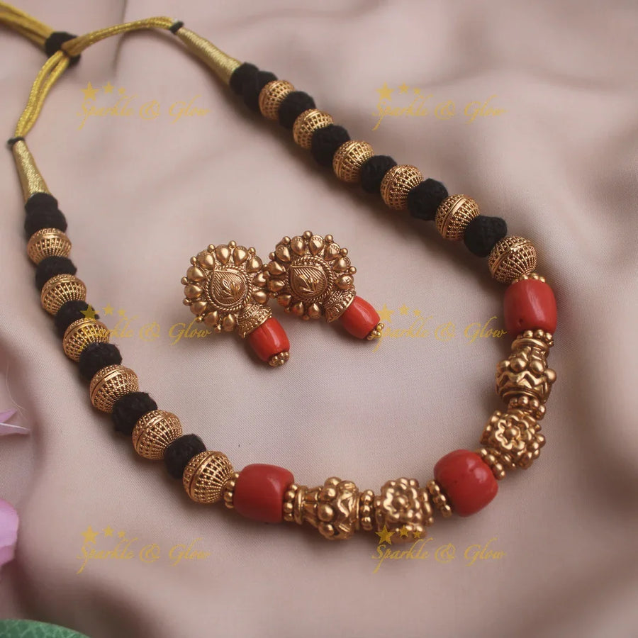 Beautiful Coral and Gold ball beaded thread necklace - Sparkle and Glow