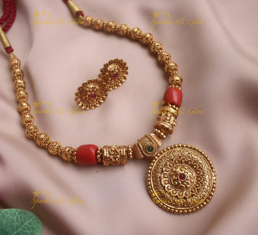 Elegant Sunflower design pendant carved Coral and gold ball beaded necklace - Sparkle and Glow