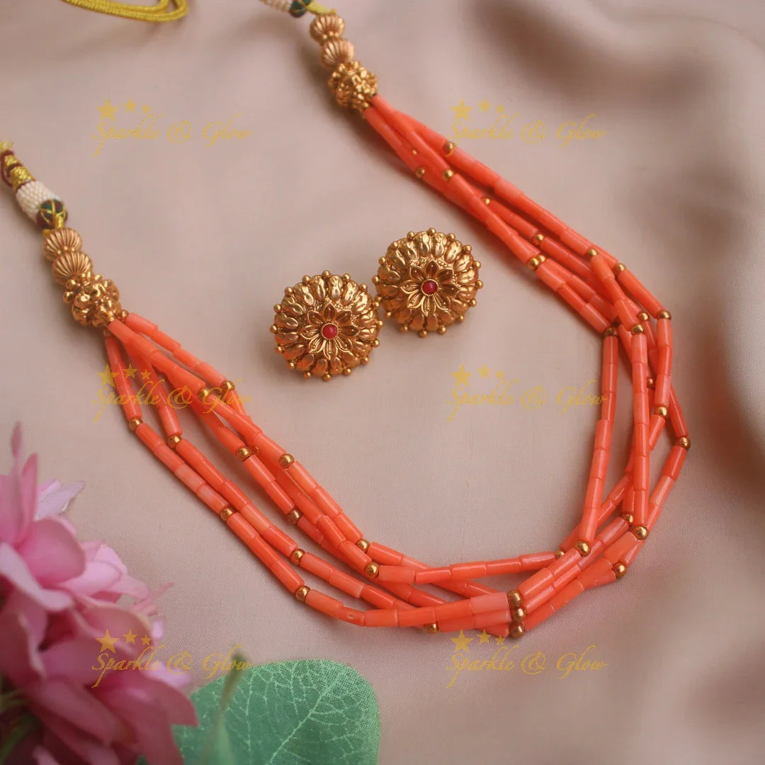 Elegant Five layered Coral Short necklace with Floral Stud - Sparkle and Glow