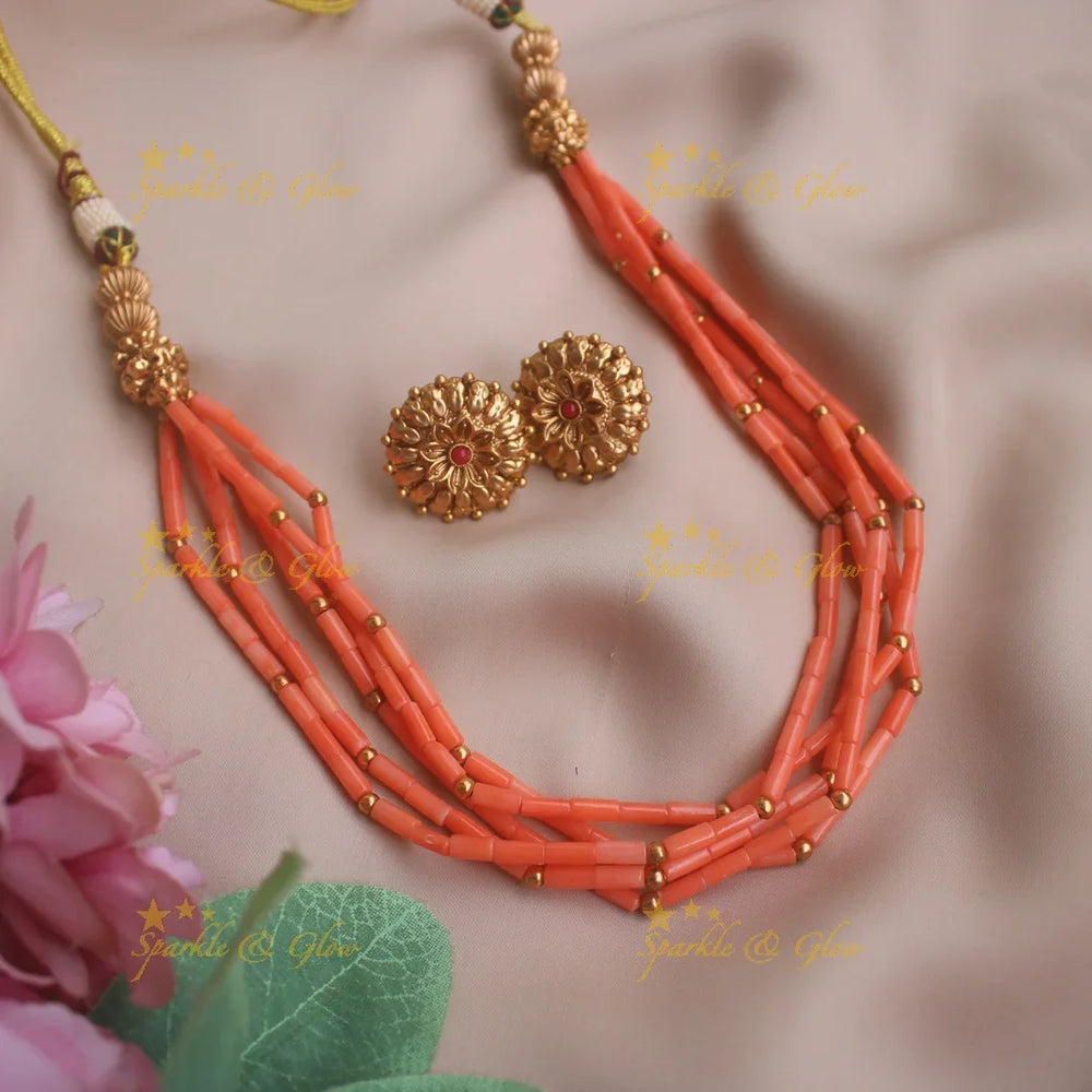 Elegant Five layered Coral Short necklace with Floral Stud - Sparkle and Glow