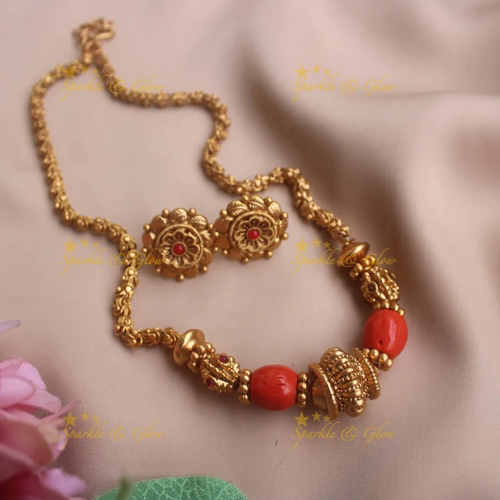 Beautiful Floral design Coral and gold beaded short necklace - Sparkle and Glow