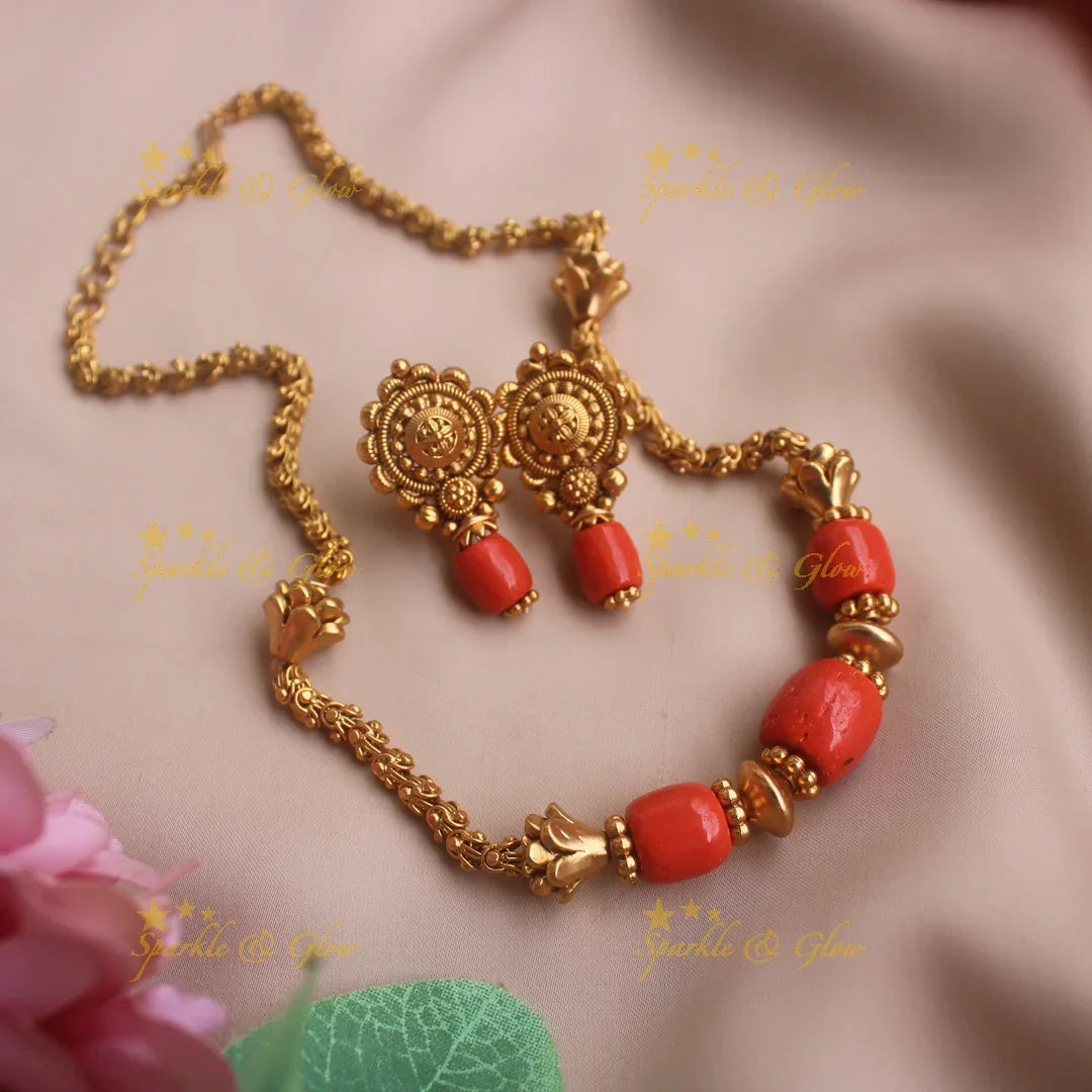 Elegant Coral beaded short necklace - Sparkle and Glow