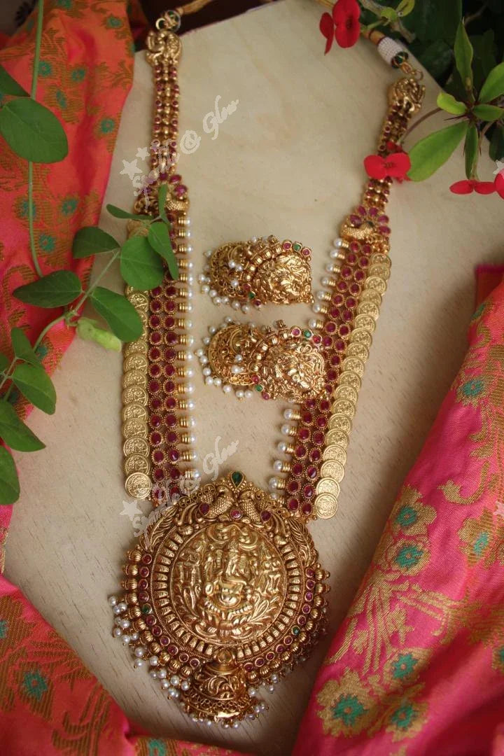 Gold alike Ganesha Carved pendent coin haram with kemp stones - Sparkle and Glow