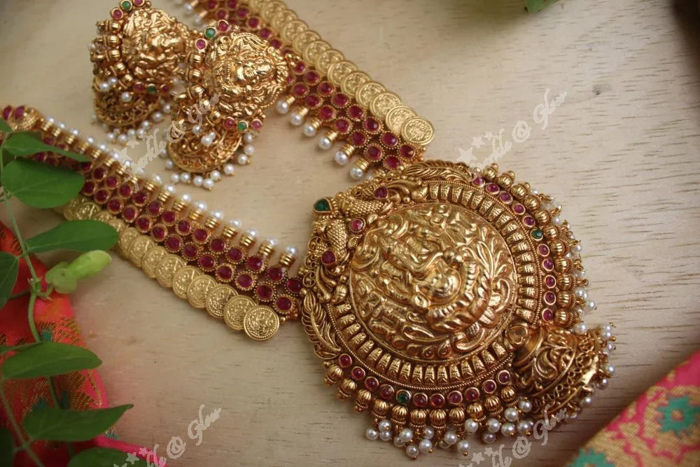 Gold alike Ganesha Carved pendent coin haram with kemp stones - Sparkle and Glow