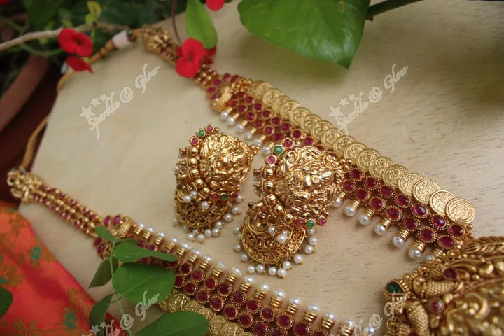 Gold alike Ganesha Carved pendent coin haram with kemp stones - Sparkle and Glow