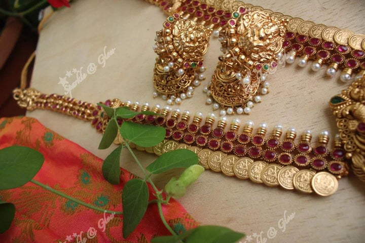 Gold alike Ganesha Carved pendent coin haram with kemp stones - Sparkle and Glow