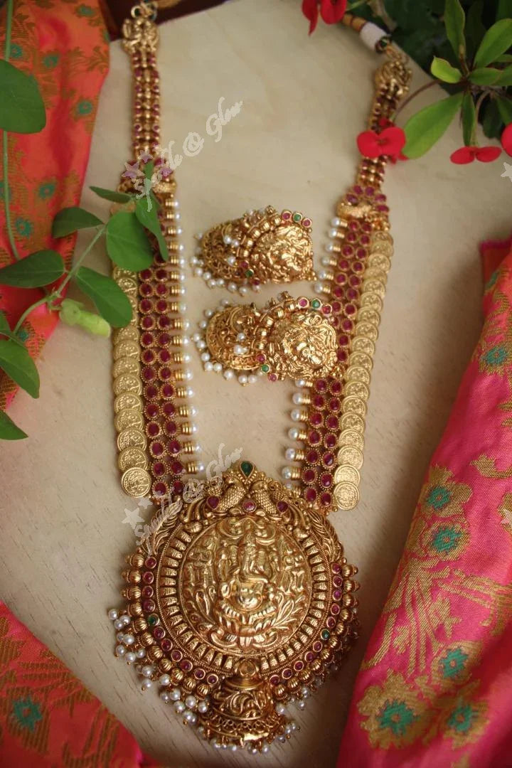 Gold alike Ganesha Carved pendent coin haram with kemp stones - Sparkle and Glow