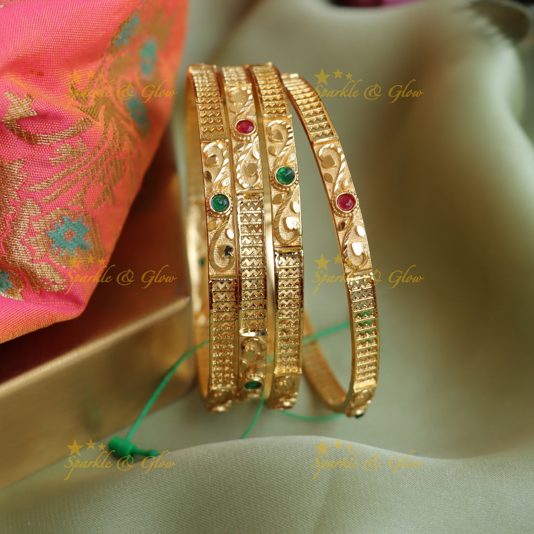 Stunning branch design matt finish bangles with ruby and emerald two pairs, 2.4