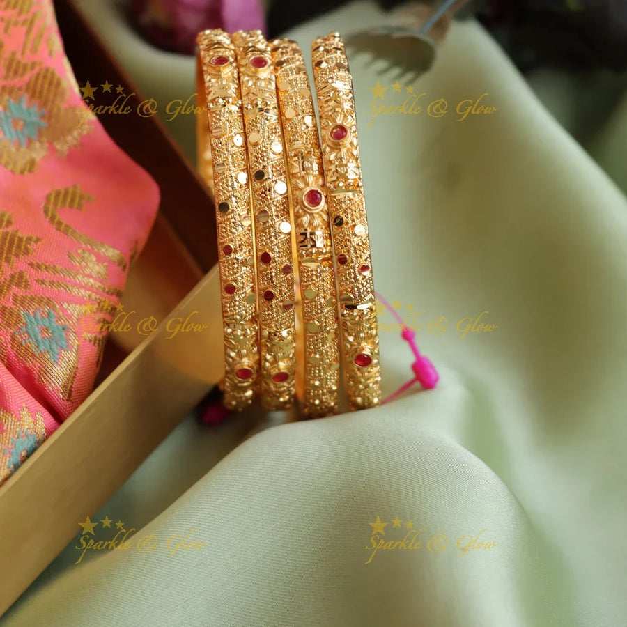 Statement Floral and small circle design bangles with ruby two pairs - Sparkle and Glow