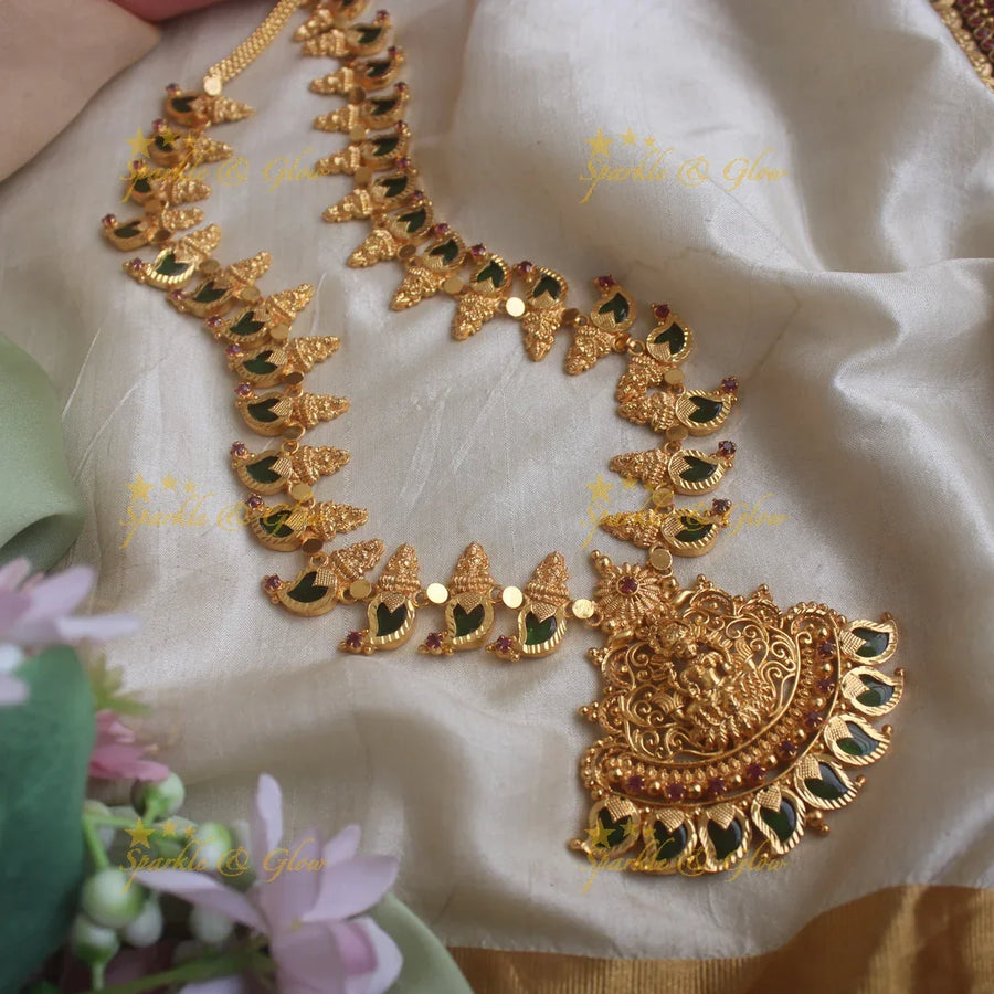 Gorgeous Lakshmi pendant mango green palakka kerala style long necklace with ruby stones - Sparkle and Glow