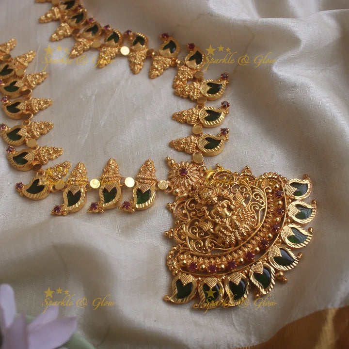 Gorgeous Lakshmi pendant mango green palakka kerala style long necklace with ruby stones - Sparkle and Glow