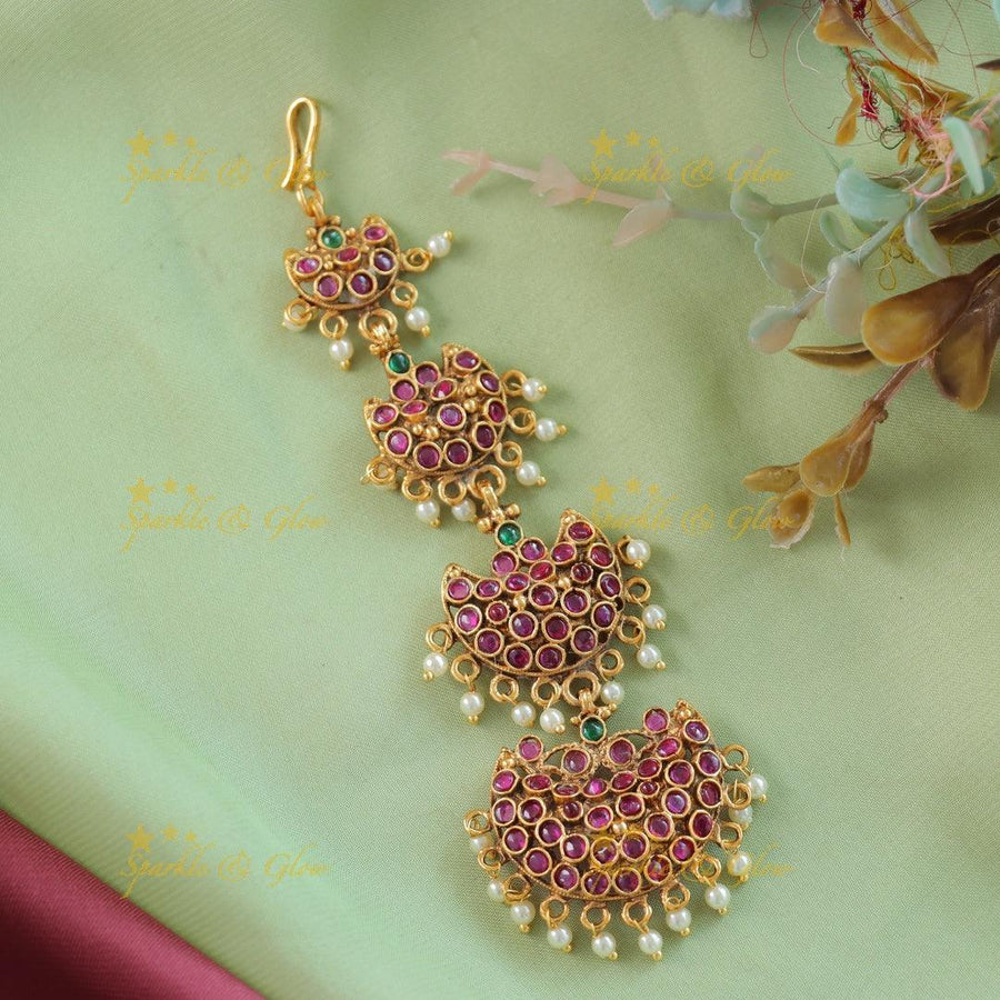Elegant Half Moon single line Kemp Maangtikka with pearl beads-Rubygreen - Sparkle and Glow