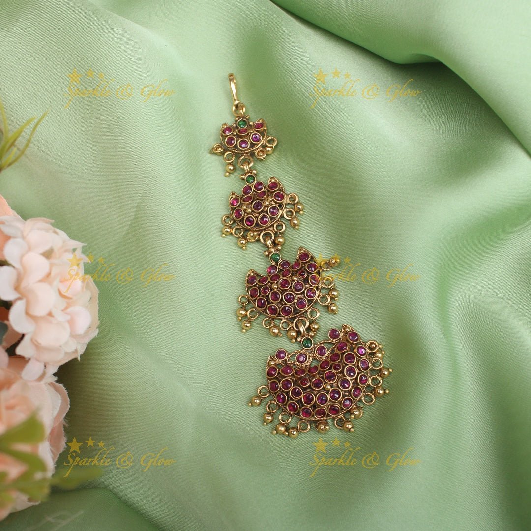 Elegant Half Moon single line Kemp Maangtikka with gold beads - Rubygreen - Sparkle and Glow - Rubygreen - gold -